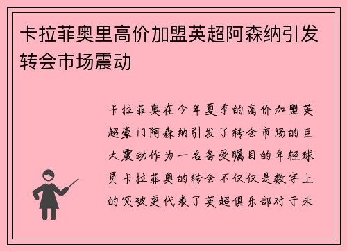 卡拉菲奥里高价加盟英超阿森纳引发转会市场震动